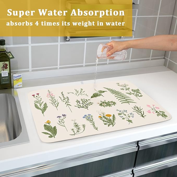 Sage Flower Herbs Dish Drying Mat For Kitchen Counter 16x18 In Green Leaves Microfiber Absorbent Dishes Pad Wild Plant Herbs Drying Pad Dish Drainer Rack Absorbent Fast Dry Kitchen Accessories