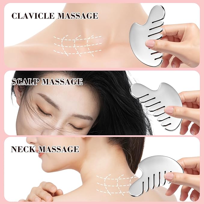 Gua Sha Facial Tools and Face Roller Set, Lymphatic Drainage Massager，Stainless Steel Facial Sculpting Eyes Roller Guasha for Face, Chin & Jawline Sculpting,Skin Care (Silver)