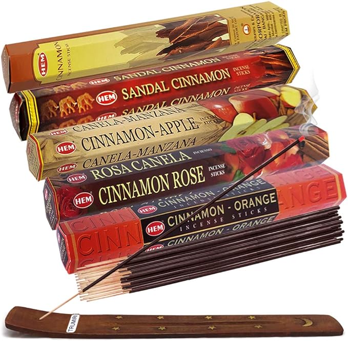 Hem Incense Sticks Variety Pack #8 and Incense Stick Holder Bundle with 5 Cinnamon Based Fragrances