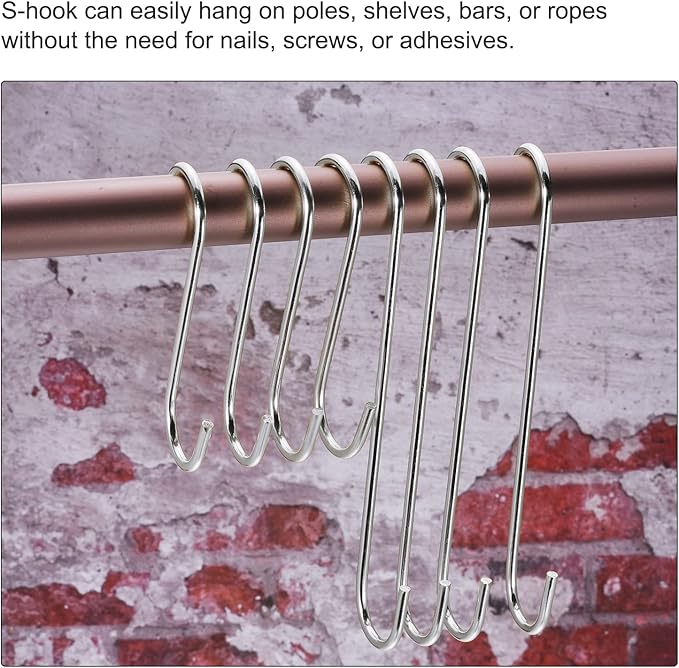 uxcell S Hanging Hooks, 8inch/200mm Extra Long Steel Hanger, Indoor Outdoor Uses for Garden, Bathroom, Closet, Workshop, Kitchen, Silver Tone, 6Pcs
