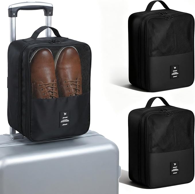 2 PCS Shoe Travel Bag, Shoes Bag Portable Shoe Packing Cubes 2 Layers Holds 3 Pair of Shoes Visual Waterproof Travel Luggage with Trolley Sleeve and Zipper for Business Trip Storage-Black