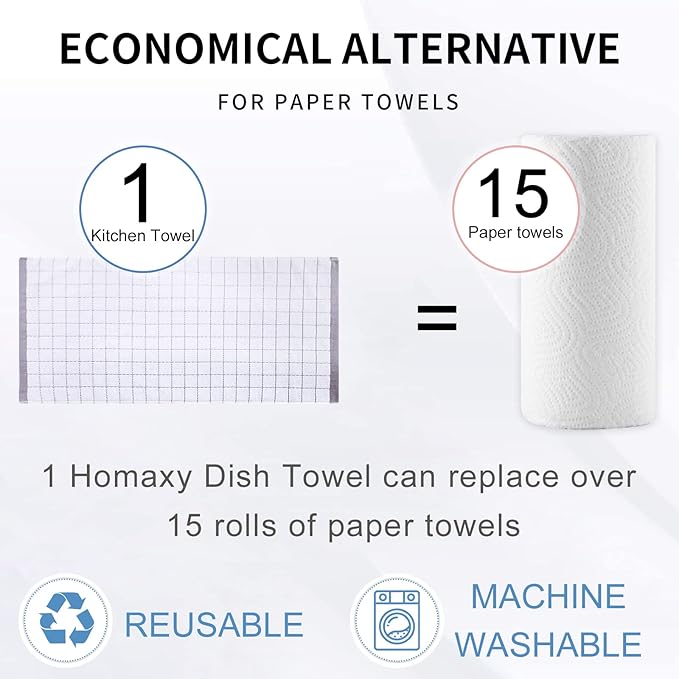 Homaxy 100% Cotton Terry Kitchen Towels(White, 13 x 28 inches), Checkered Designed, Soft and Super Absorbent Dish Towels, 8 Pack