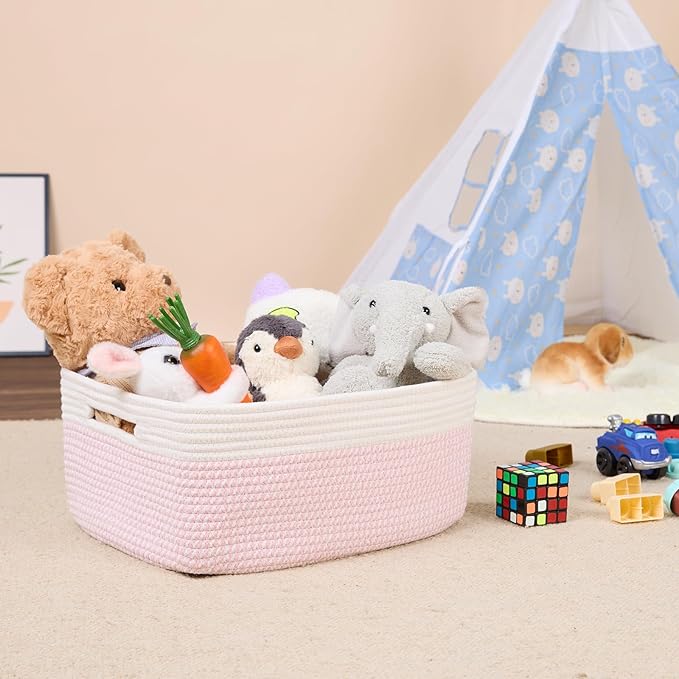 MiniArk Large Storage Baskets for Shelves, Closet Organizers Bins for Clothes Blanket Towels, Baby Nursery, Toy Baskets Box, Woven Rope Baskets, 17 x 13 x 7.5”, 2 Packs Woven Pink