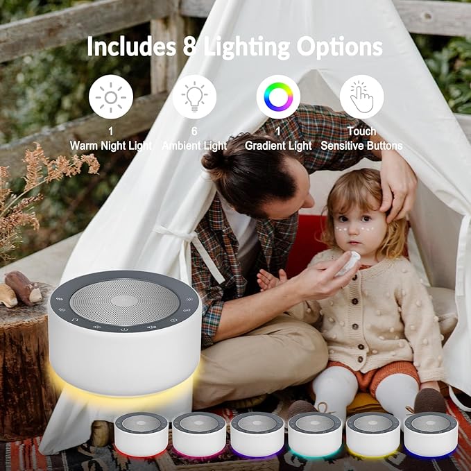 Nursery Lamp with Sound Machine, Mood Lighting, 7 Colors Night Light, 30 Soothing Sounds, White Noises for Baby, Adults. Timer, Plug in, Memory Function, Touch Control