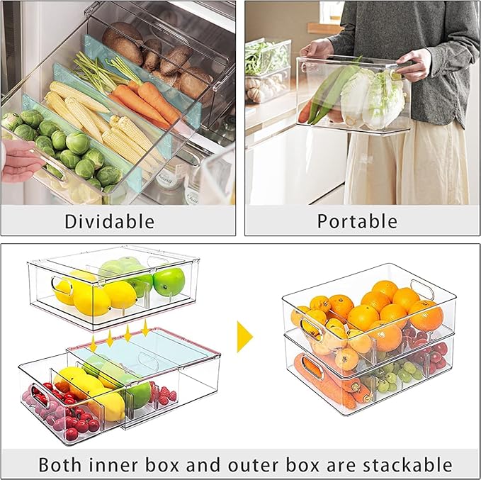 2Pack Stackable Fridge Drawers Pull-Out Bins Divided Produce Saver Containers for Refrigerator Storage Organizers for Veggie Fruit Berry Pantry Cabinet Makeup Clothes