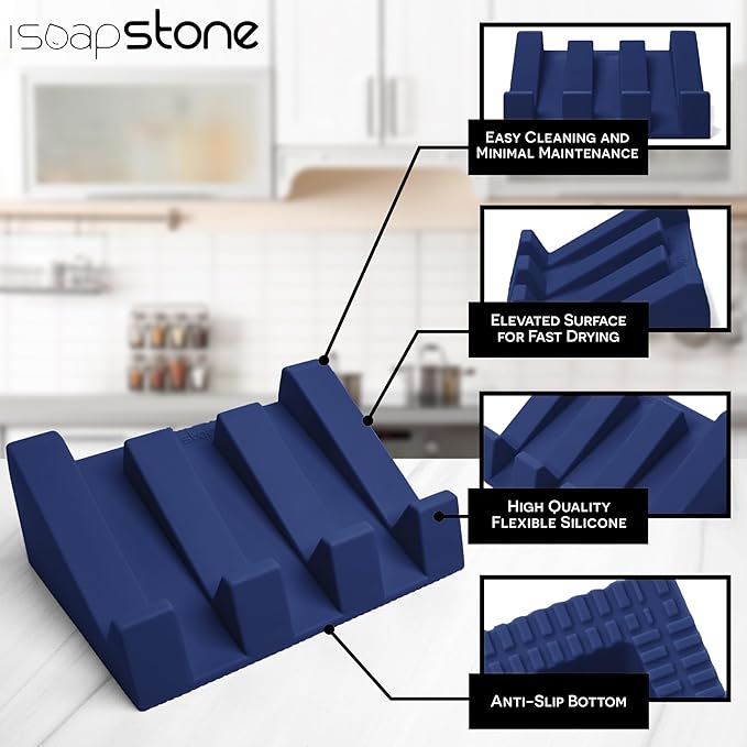 iSoapStone Silicone Soap Dish (USA Patented) Self Draining Bar Soap Holder for Shower Bathroom Sink, Drying Soap Dish Tray Kitchen Sponge Holder Easy Cleaning Soap Saver Mat (Midnight Navy, 2)