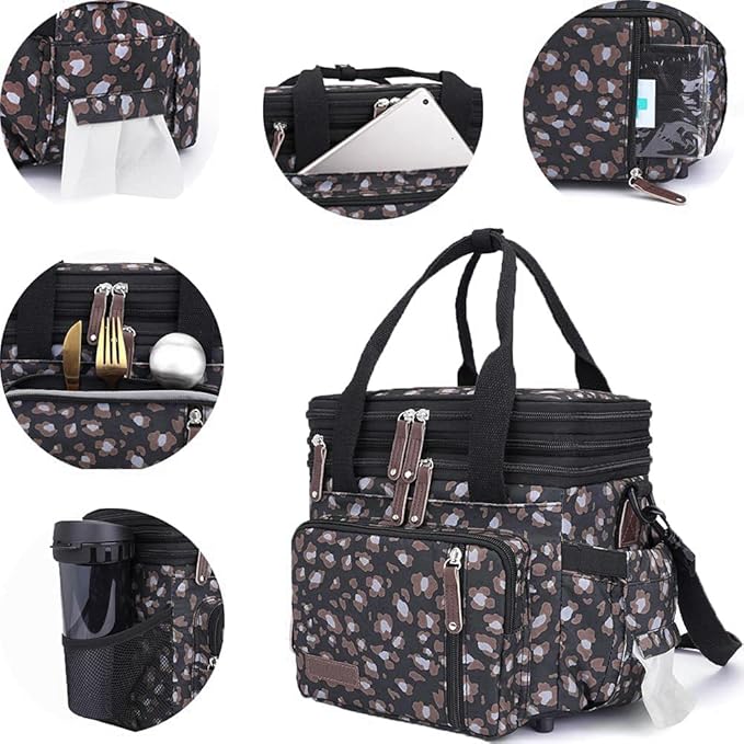 MOV COMPRA Leopard Lunch Bags for Women, Expandable Large Lunch Box, Leakproof Double Deck Lunch Box Cooler Tote Bag with Removable Shoulder Strap (Leopard Print)
