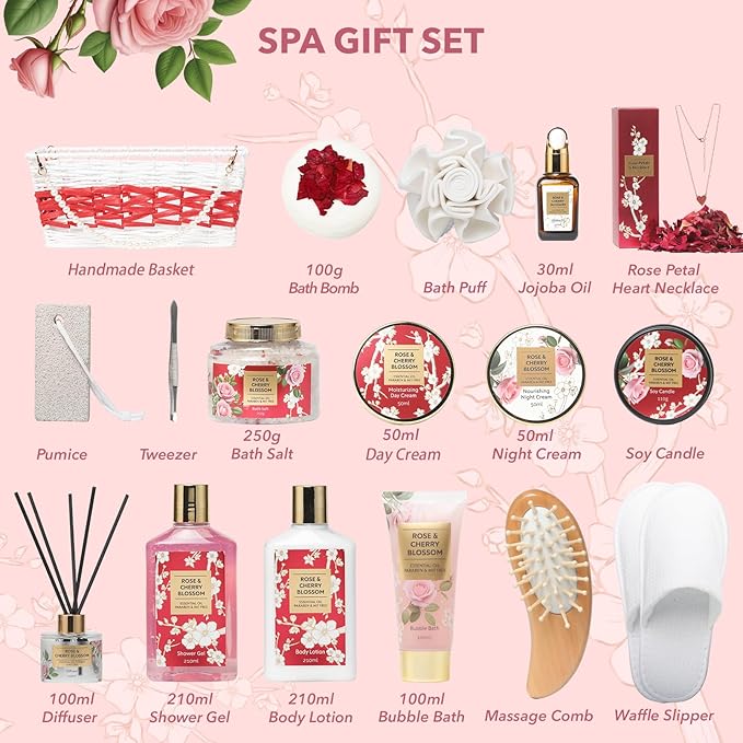 Christmas Gifts for Women - 19-Piece Luxury Rose & Cherry Blossom Spa Gift Basket Set Bath and Body Gift Sets Care Kit with Necklace | Valentine's Day, Mothers Day Gifts Baskets for Mom, Wife