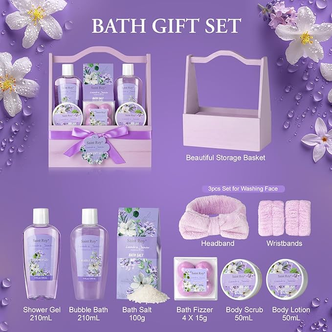 Spa Gift Basket for Christmas Gifts - 13 Pieces Lavender Jasmine Bath & Body Care Kit for Women, Holiday Gift for Mothers Day, Valentine's Day, Self Care Pampering Gifts, Birthday Gifts