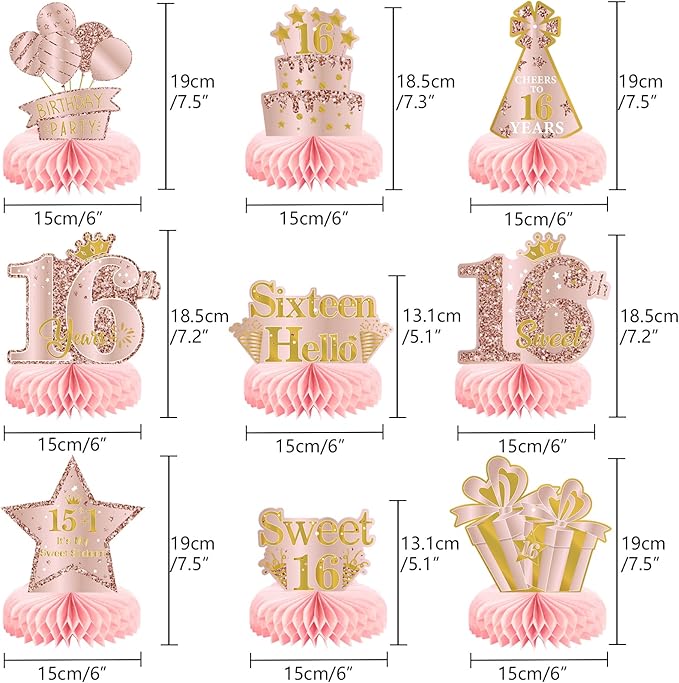 9Pcs 16th Birthday Decorations Pink Rose Gold Honeycomb Centerpieces for Girls, Happy 16th Birthday Table Centerpieces Party Supplies, Sixteen Year Old Birthday Table Toppers Decor