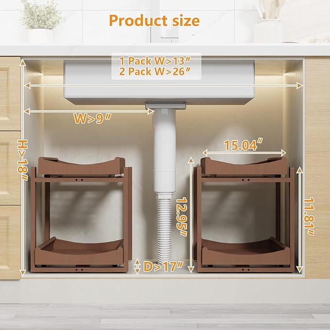Wisuce Essentials Bamboo Under Sink Organizer Adjustable Height 2 Tier Bathroom Organizer Pull Out Cabinet Storage Kitchen Heave Duty Wood Slide Ou Shelf for Kitchen Bathroom (Brown, 2 Packs)