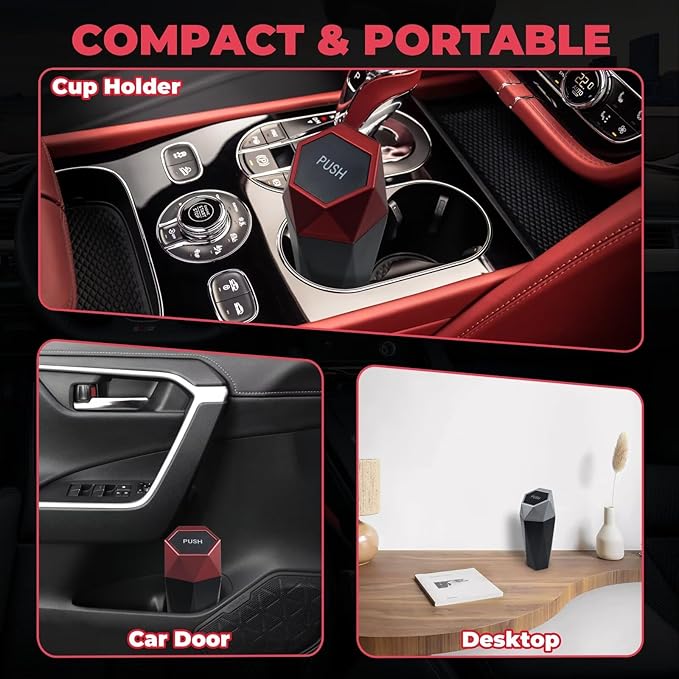 Car Trash Can, 2 Pack Car Trash Bin with Lid, Car Accessories for Women Interior, Car Garbage Can with Additional 2 ABS Hooks and 60pcs Trash Bags, Suitable for Home, Office, Car Organizer, Black