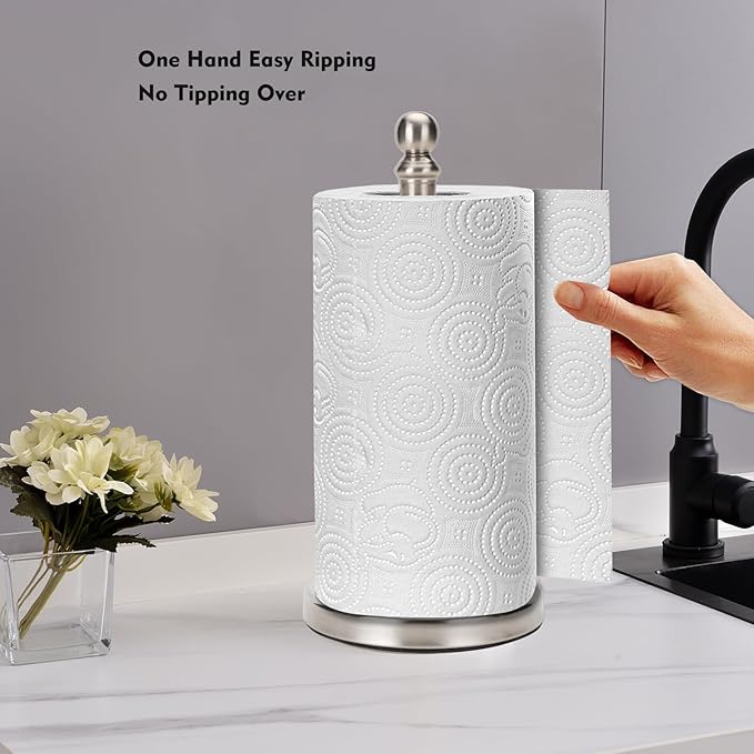 Fatizon Paper Towel Holder Stand, Sturdy Standing Paper Towel Holder Countertop, Paper Towel Roll Holder for Kitchen (Brushed Nickel)
