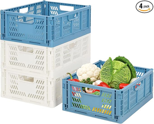 2 Blue 2 white Plastic Storage Basket Folding Storage Boxe Crate Drawer Organizer Stackable Shelf Basket Collapsible Closet Container Food Fruit Bottle Book Organiser for Home Office Kitchen Basket
