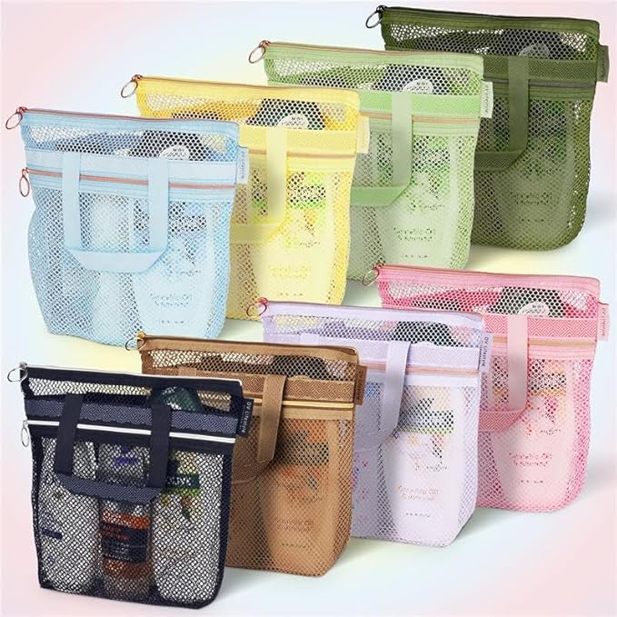 DV Lifestyle Mesh Shower Bag 10.2x9.9'' Quick-Dry Caddy with Zipper & 2 Pockets. Portable Toiletry Tote for Bathroom, Gym, Travel, Camp, Beach, for Sunscreen, Dorm & College Essentials (Brown)