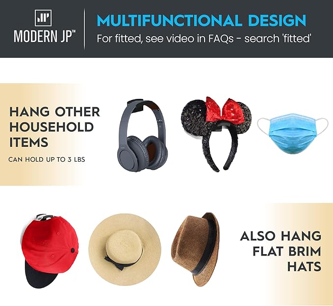 Modern JP Adhesive Hat Hooks for Wall (8-Pack) - Minimalist Hat Rack Design, No Drilling, Strong Hold Hat Hangers - USA Patented, Black