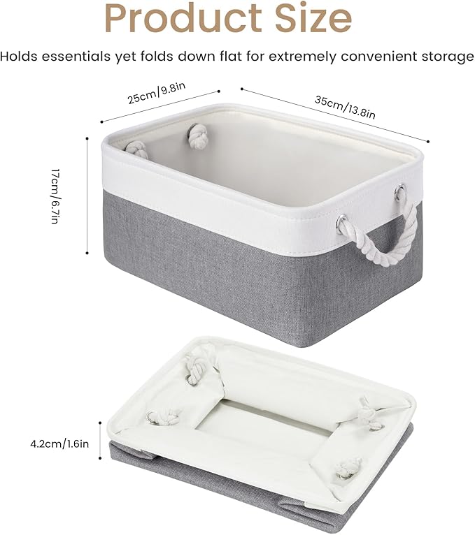 VQRTEXA Storage Baskets for Shelves 13.8x9.8x6.7 Inch, Foldable Fabric Storage Bins with Handles, Small Storage Baskets for Organizing Closet, Bathroom, Office, Home Organization (3-Pack, White&Gray)
