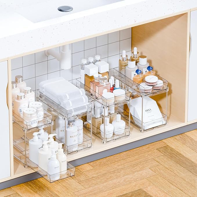 Yieach 4 Set Clear Pull Out Bathroom Organizers and Storage,2 Tier Under Sink Organizer and Medicine Cabinet Organizer,Small Slide Out Drawers for Pantry,Under Cabinet,Kitchen Storage and Organization