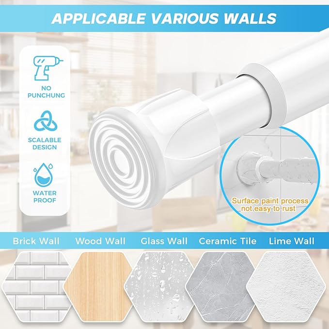 Tension Rods 28 to 48 Inch, 2Pcs White Spring Tension Curtain Rod No Drilling No Slip Spring Rods Adjustable Spring Curtain Rod