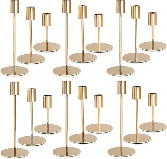 Gold Candlestick Holders - Bulk Decorative Metal Candelabra for Taper Candles - Fit 0.8 Inch Diameter - Gold Taper Candle Stands for Wedding Home Party Table Decor (Set of 18)