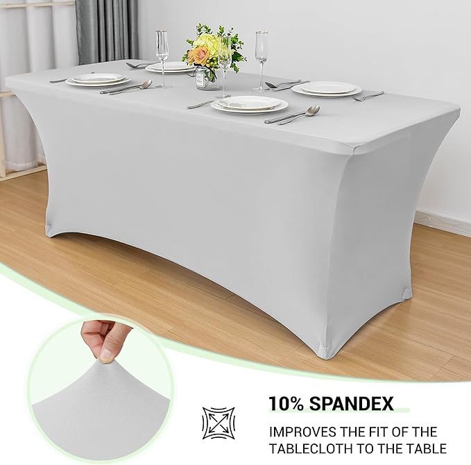 Obstal 4Ft Stretch Spandex Table Cover for Standard Folding Tables - 2 Pack Universal Rectangular Fitted Tablecloth for Party, Banquet, Events, Trade Show (Silver, 48L x 24W x 30H Inches)