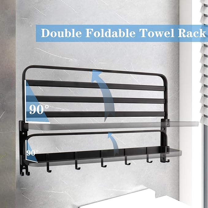 Towel Racks for Bathroom, Foldable Towel Shelf with Towel Bar & 7 Towel Hooks, Rustproof Double Bath Towel Holder Wall Mounted Towel Storage Hanger for Bathroom/Balcony/Lavatory(24In Black)