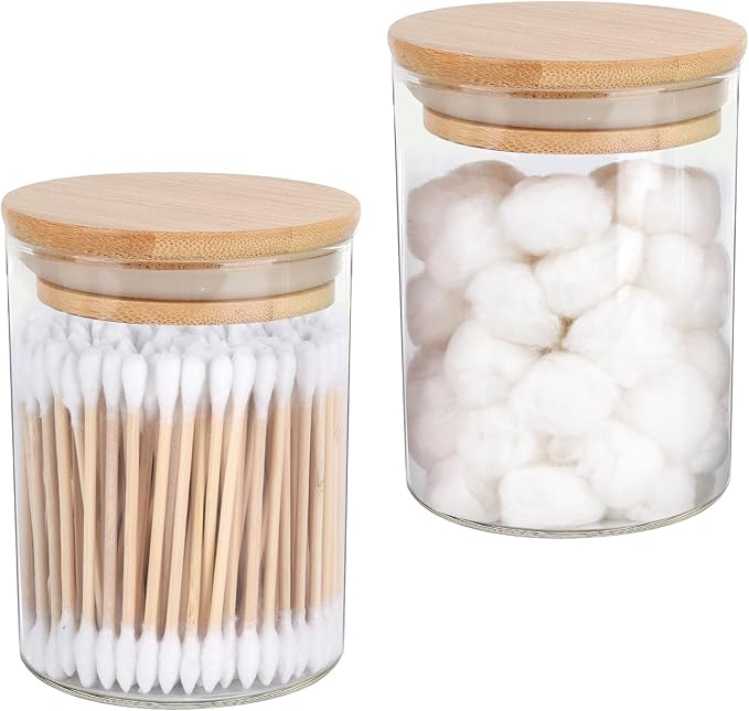 2 Pack Glass Q-tip Holder Dispenser Set - Apothecary Jars with Lids for Vanity Makeup Organizer - Bathroom Canister Storage Organizer for Cotton Balls, Swabs, Round Pads, Floss