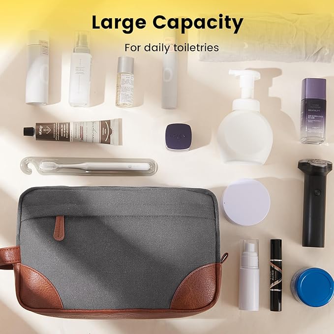 Vorspack Large Travel Toiletry Bag - Hanging Toiletry Bag for Men, Water Resistant Canvas Shaving Bag with Large Capacity for Home Travel - Light Grey