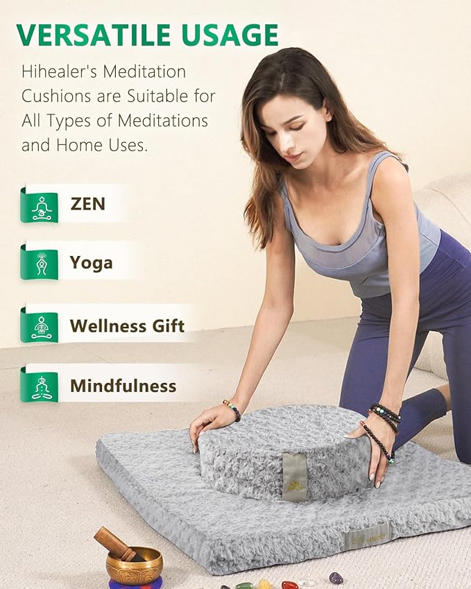 Hihealer Meditation Cushion Set – Large Rose Velvet Zafu & Zabuton Floor Pillow Traditional Tibetan Yoga Bolster for Adults Buckwheat Filled for Comfort Support