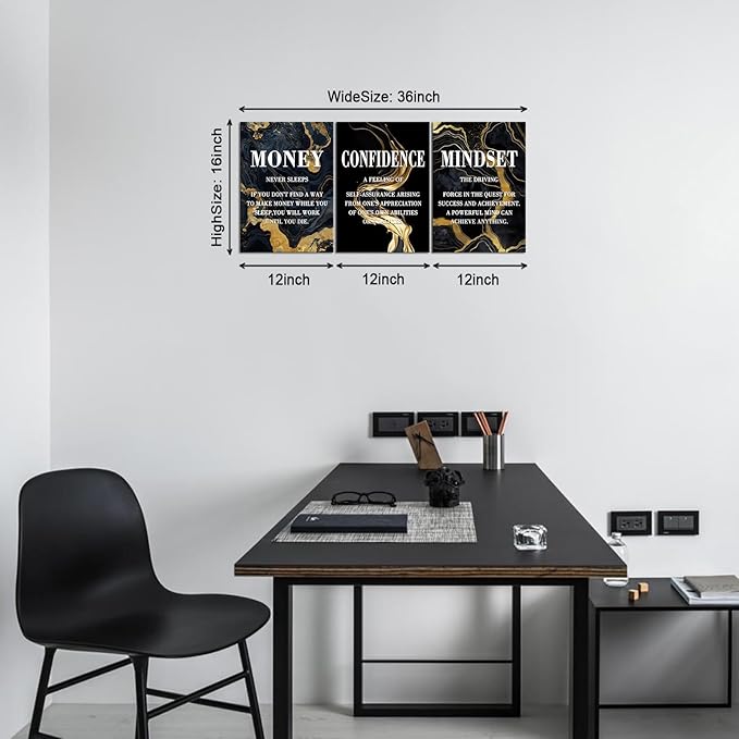 KAWAHONE- Money Never Sleeps, Motivational Canvas Wall Art,Inspirational Poster, Confidence Mindset Wall Decor Framed Inspirational Entrepreneurs Painting Prints Quotes Poster for Office Workplace Ready to Hang