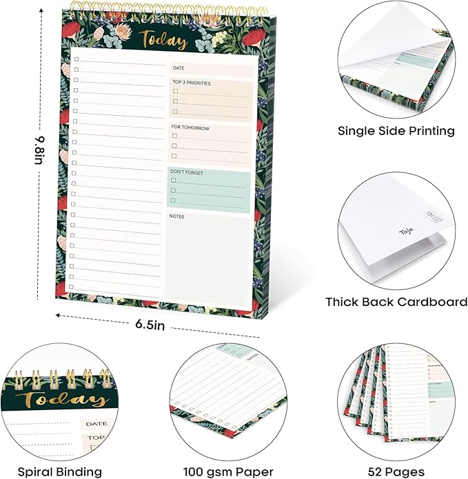 Taja To Do List Notepad - To Do List Notebook for Work with 52 Sheets, 9.8" x 6.5", Undated Daily Planner Perfect for Daily Tasks and Goal Setting, Notepad Suitable for Office, Home & School - Sage Blossom