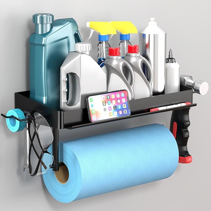 YIGII Wall Mount Paper Towel Holder with Shelf and Phone Stand, Garage Stainless Steel Paper Towel Rack with 4 Hooks for Shop Organization and Storage (Black)