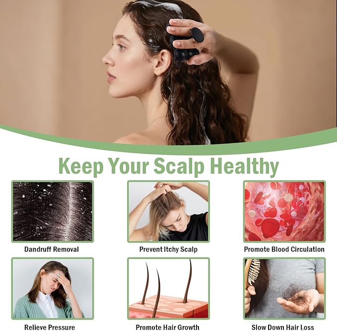 Silicone Scalp Massager Shampoo Brush for Hair Growth, Dandruff Removal & Wet/Dry Care, Hair Scrubber Scalp Stimulator Exfoliator Brush with Soft Bristles for Men & Women, Black