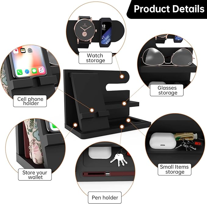 Gifts for Men Desk Organizer Wooden Phone Docking Station Key Wallet Holder Watch Organizer Men Birthday Gifts for Dad Birthday Gift Nightstand Organizer