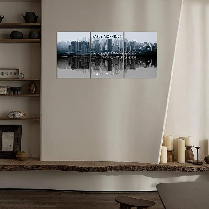 KAWAHONE Inspirational Wall Art -Motivational Quote Black and White Wall Art-City Night Scenes Modern Cityscape Building Artwork Decor for Home Office Bathroom Bedroom Kitchen Classroom Gym