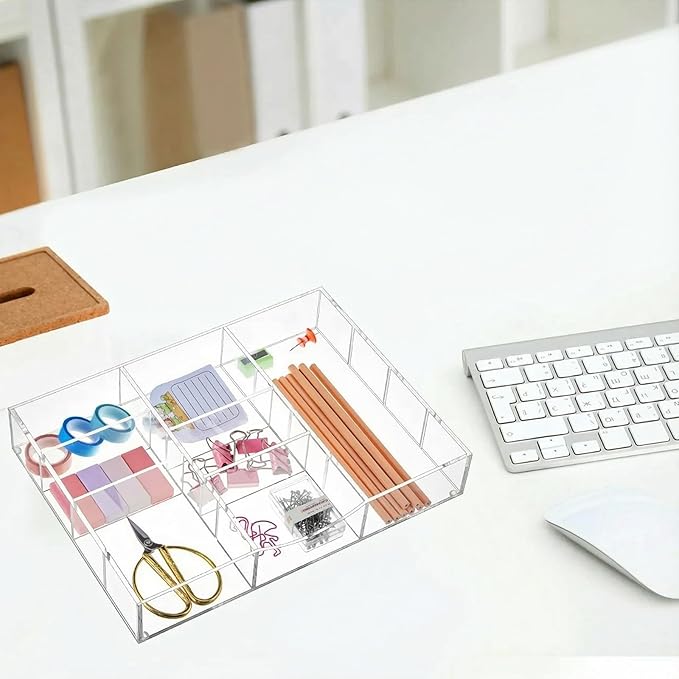 Briwooody Acrylic Drawer Organizer Clear Desk Drawer Organizer Trays with Adjustable Compartments Desk Accessories for Office Stationery Makeup Silverware Bathroom (Non-Expandable)