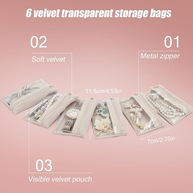 DesignSter Small Jewelry Box, Travel Small Jewelry Organizer with Earring Tray and Ring Holder, Square Travel Jewelry Storage Case with 6 Velvet Jewelry Pouches, Pink