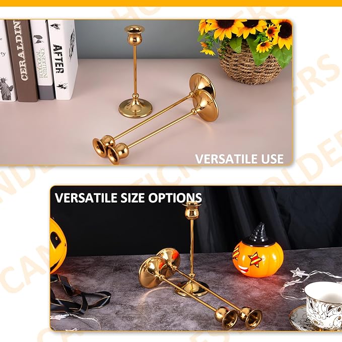 Taper Candle Holder Tall Vintage Metal Candlestick Holders Candle Stick Candelabra for Halloween Thanksgiving Christmas Holiday Wedding (Gold, 2 Sets (6 pcs))
