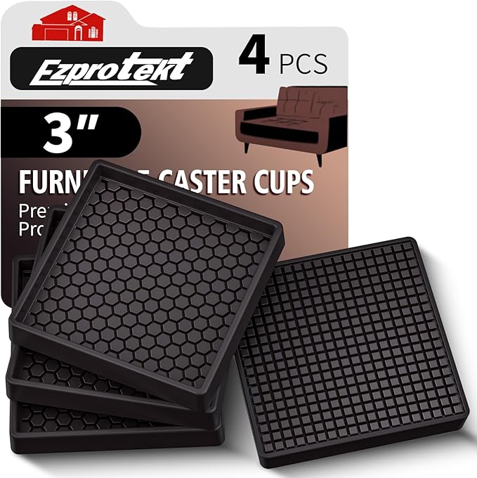 Ezprotekt 3x3" Square Rubber Anti-Slip Furniture Pads Coasters for Hardwood Floors, 4 Pcs Non-Slip Furniture Caster Cups Floor Protectors for Sofa Couch Bed Stoppers to Prevent Sliding (Brown)