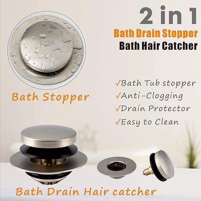 Artiwell Tub Drain, 2 in 1 Pop-up Bathtub Plug with Hair Catcher, Easy Installation Bath Drain Stopper with Strainer, Brushed Nickel