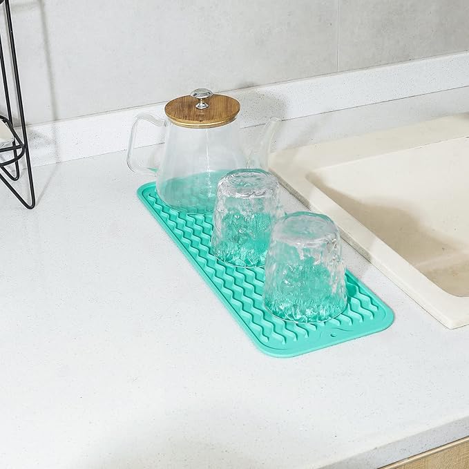Silicone Dish Drying Mat for Multiple Usage, Easy clean, Eco-friendly, Heat-resistant Silicone Mat for Kitchen Counter, Sink, Bar, Bottle, or Cup Mint M 17 inches x 6 inches