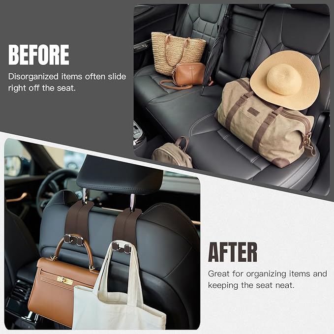 CAFORLANK 2PCS Car Hooks for Headrest, Faux Leather Purse Hook for Car Seat Back Organizers and Storage, Double Metal Purse Holder Bag Hanger, Universal Car Interior Accessories for Women Man