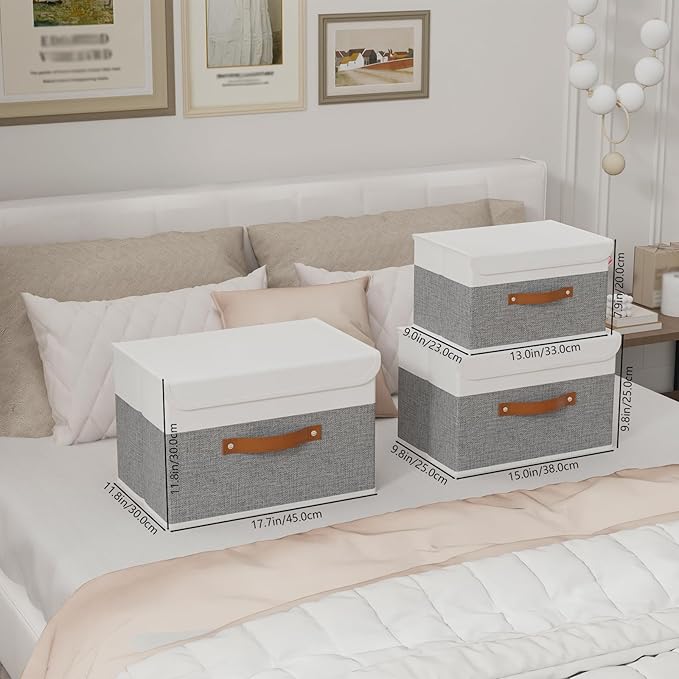 Yawinhe Collapsible Storage Bin, Cube Organizer Basket, Fabric Box with Lids, Washable and Leather Handle, for Home, Closet, White/Grey, 13.0''Lx9.0''Wx7.9''H, 7-Pack, SNK024WGS-7