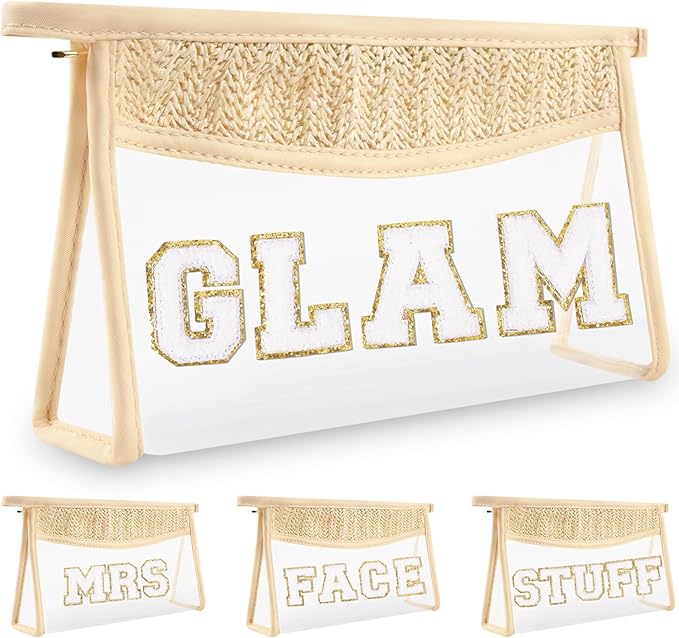 Boho Clear Makeup Letter Patch Makeup Bag GLAM Pouch, Clear Toiletry Bags Travel Small Cute Chenille Letter Cosmetic Zipper Pouch Purse, Transparent PVC Waterproof Make Up Storage for Women Girl (GLAM)
