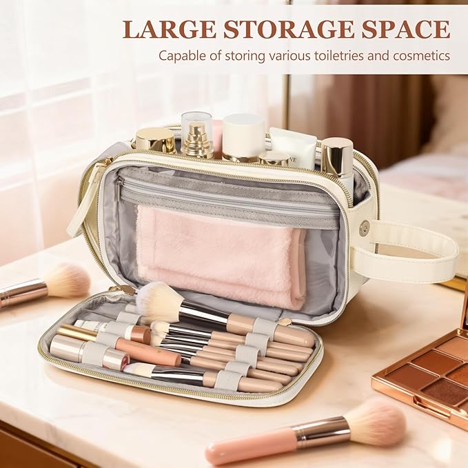 Travel Toiletry Bag for Women,Toiletry Bags for Traveling Womens Leather,Compartments Make up Bags for Women,Cosmetic pouch Organizer,White- R