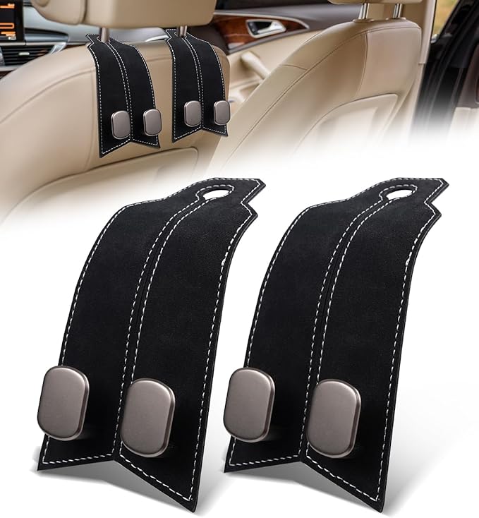 MOBIKEY Purse Hook for Car, Car Hooks for Headrest Car Seat Hooks Purse Hanger for Car 100% Metal & Premium Leather 2025 Latest Car Organization Accessories for Bags, Purses, Phones etc (Black 2Pcs)