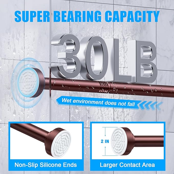 TEECK Shower Curtain Rod, 27-76 inch Adjustable Spring Tension Curtain Rod, Never Rust Anti-Slip Shower Curtain Rod for Bathroom, No Drilling, Never Collapse, Easy to Use, Brown