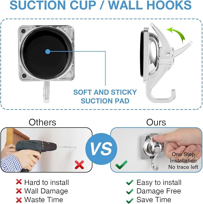 Heavy Duty Vacuum Suction Cup Hooks, Silver Plated Polished ABS Plastic and TPU Rubber Super Suction for Kitchen Bathroom, 1 Pack