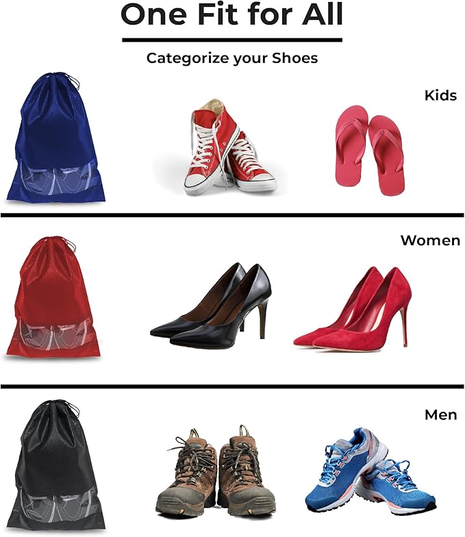 12 PC Shoe Bags for Travel, Packing, Storage, and Suitcases. Reusable Dustproof & Water-Resistant Sneaker Pouch Protectors with Clear Window & Drawstring. Laundry & Toys (Sand, Gray & Black)