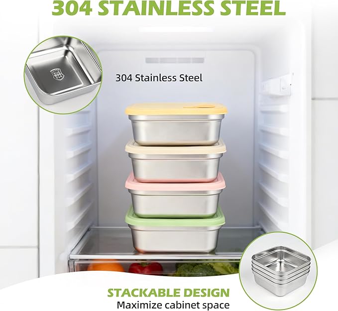 2 Pack Stainless Steel Sandwich Containers, 20oz Leakproof Reusable Metal Lunch Boxes with Silicone Lids, BPA-Free Meal Prep Food Storage Containers for Snacks, Fruits, Salad, Travel & Office Lunch